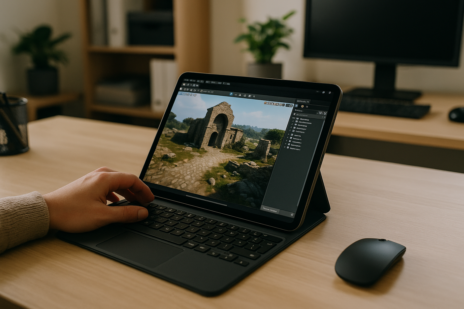 Game Developer Using Unreal Engine for Android on iPad Game developer accessing Unreal Engine for Android on iPad via cloud PC