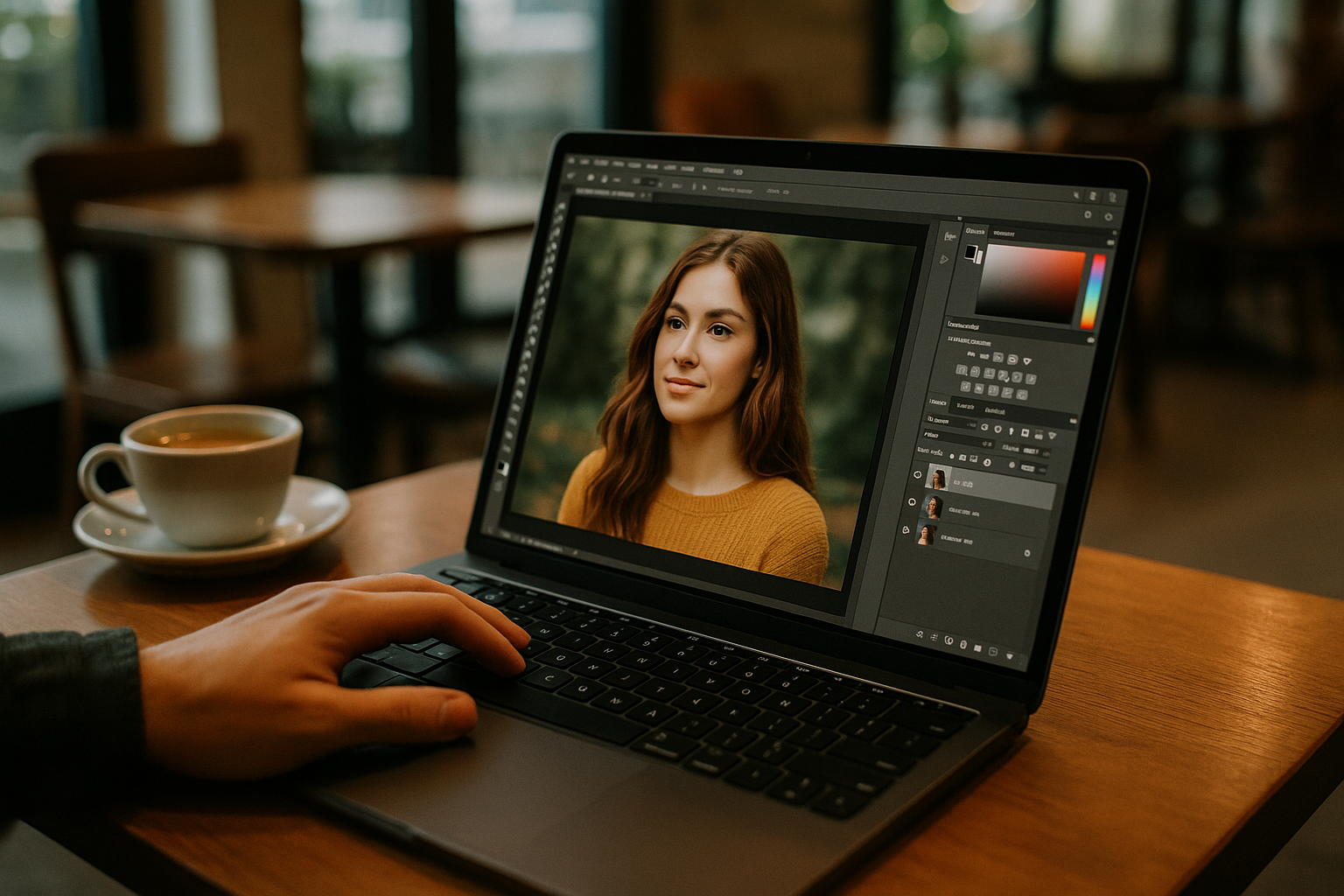 User working with Photoshop Alternative for Linux via cloud PC on laptop