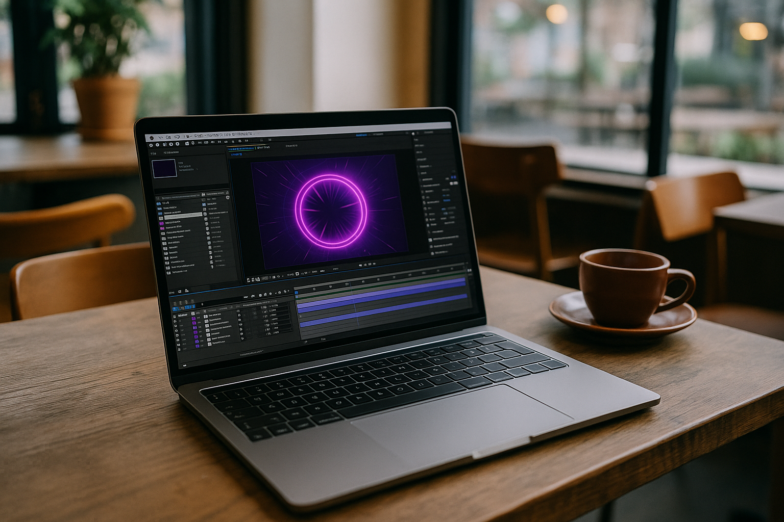 Motion designer working with After Effects Cloud on MacBook in a browser
