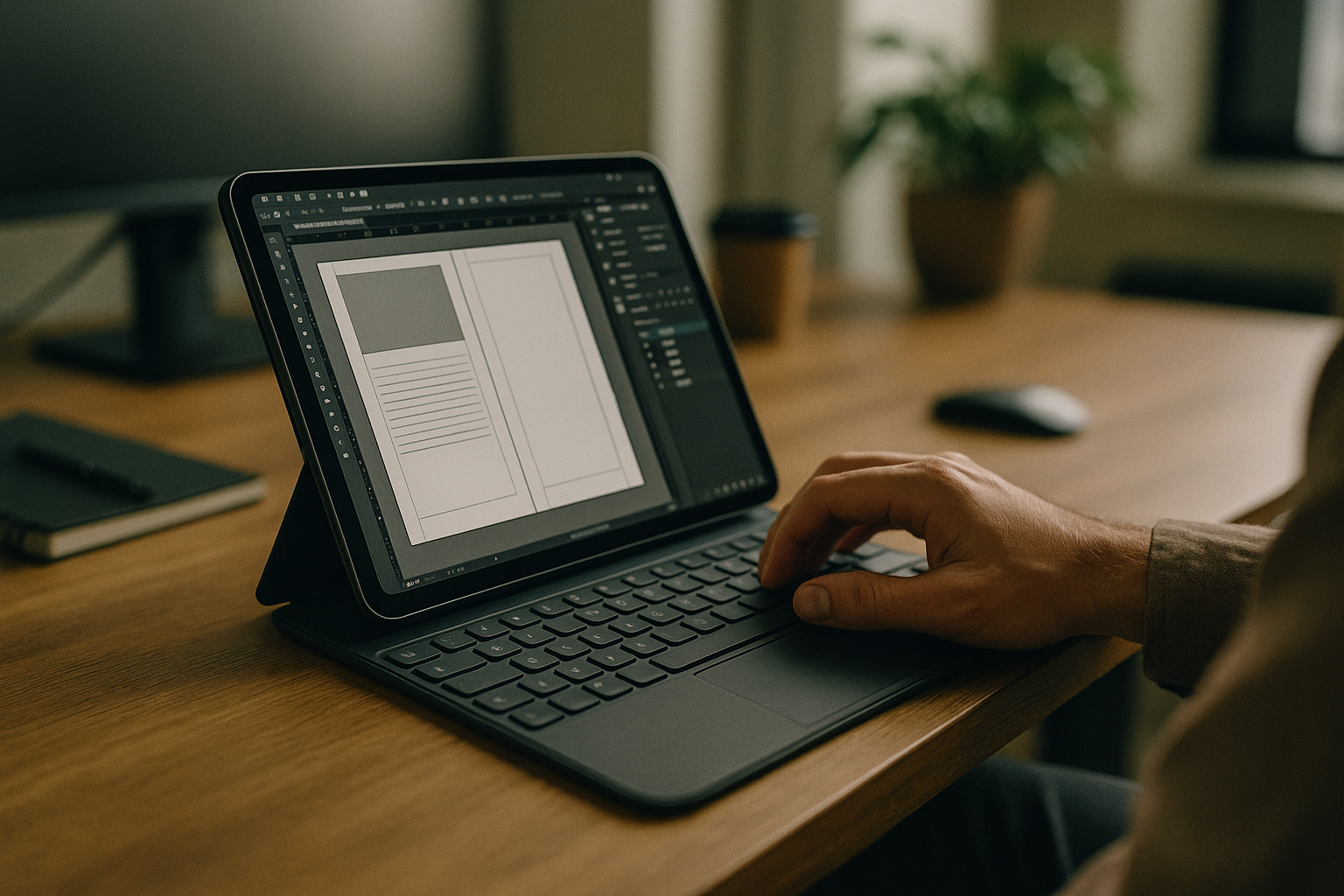 Graphic designer accessing InDesign for Mac on an iPad through a cloud PC browser