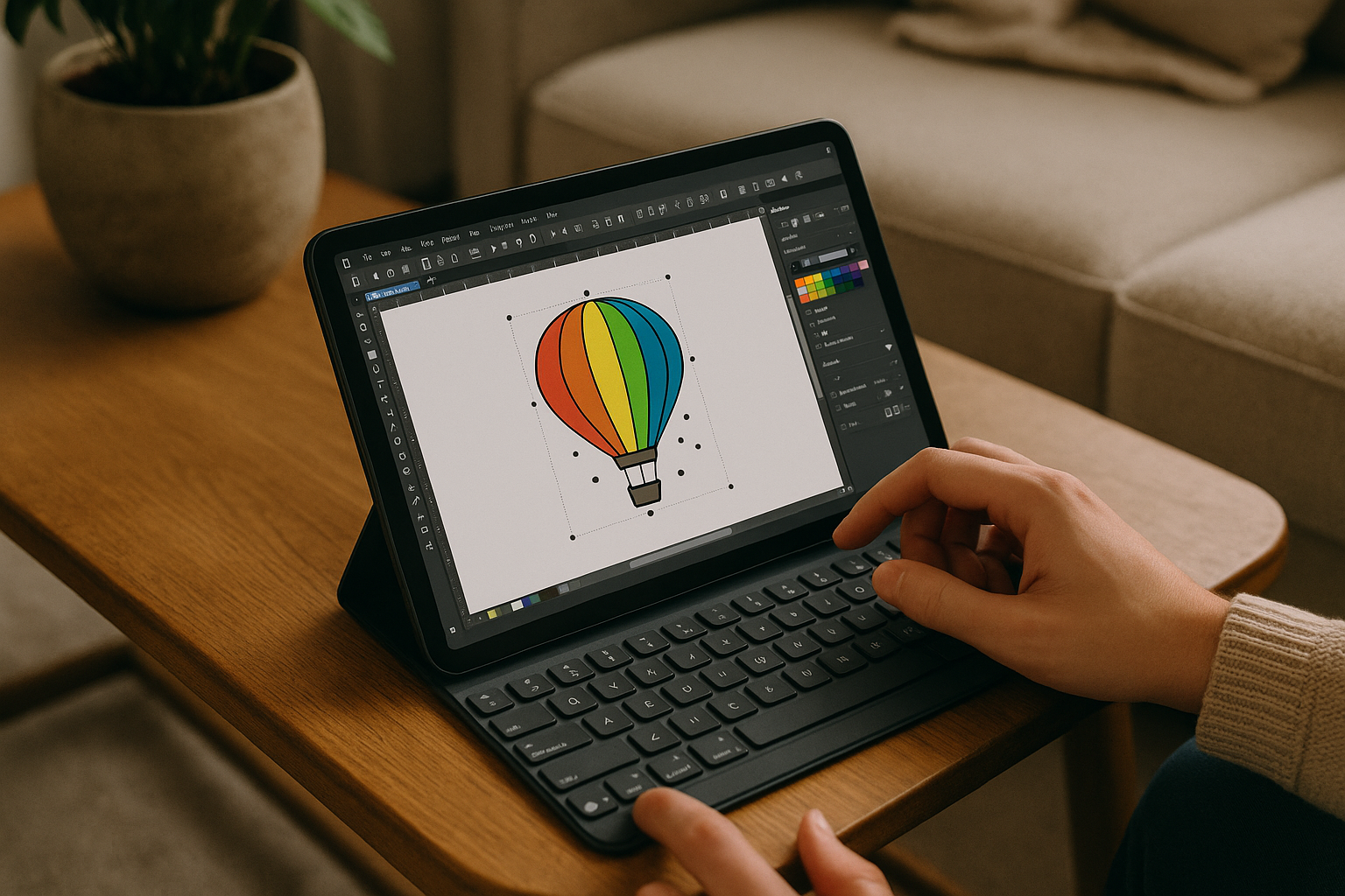 Designer utilizing CorelDRAW for Android in a browser on an iPad via cloud PC