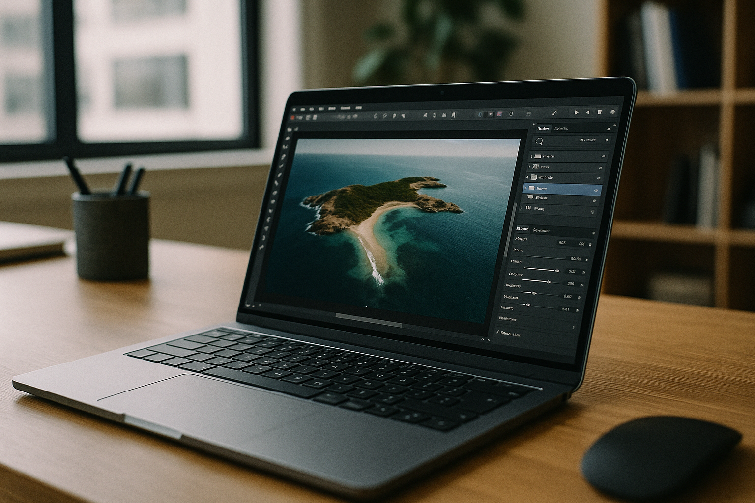 Photo editor working with Affinity Publisher 2 on laptop through cloud PC