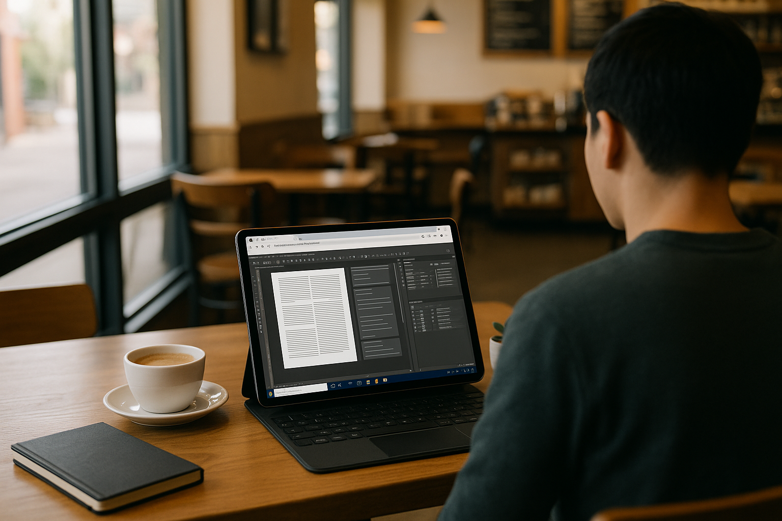 Editor using InCopy software on a laptop through a cloud PC workspace in a browser