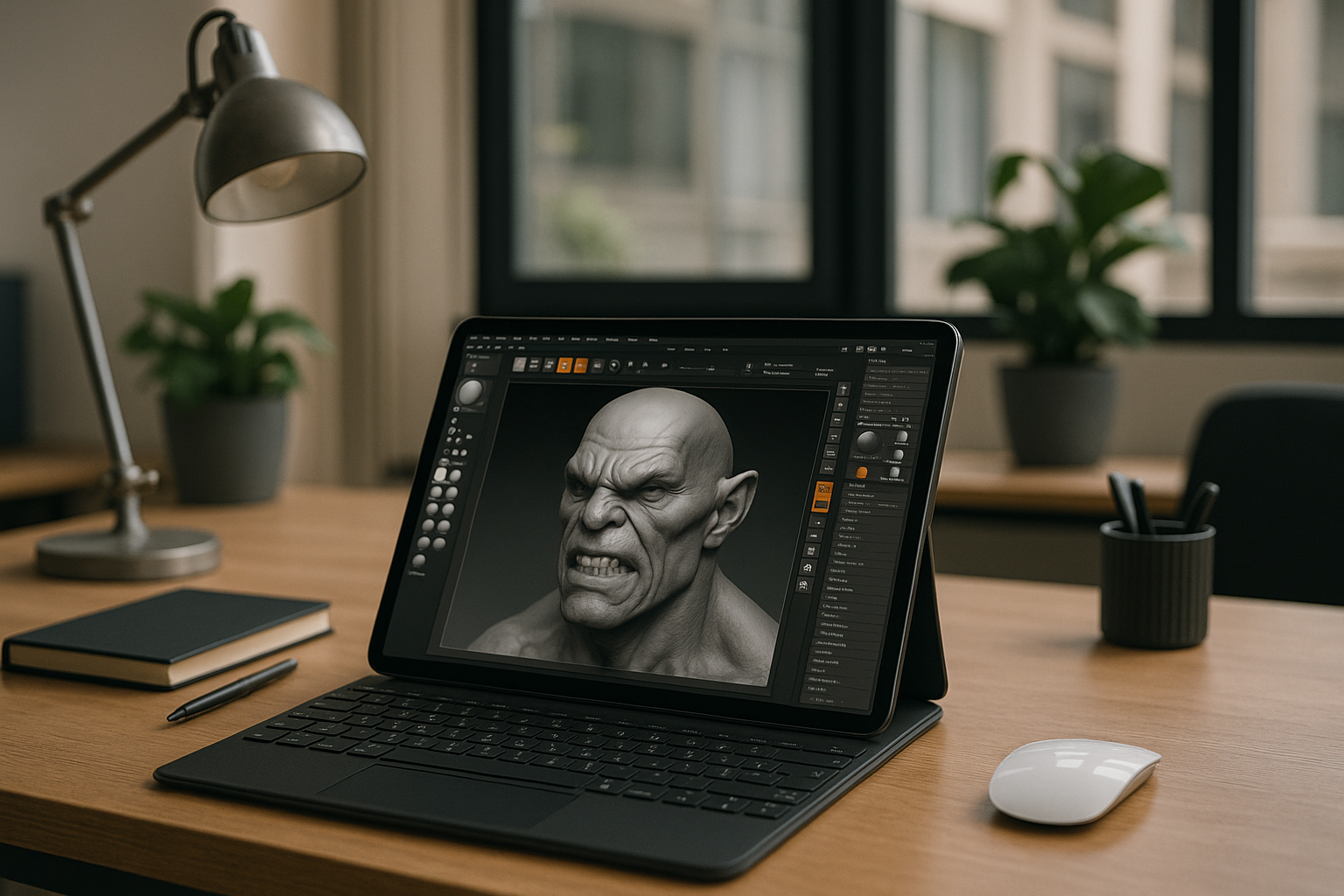 3D artist rendering ZBrush on iPad using cloud PC