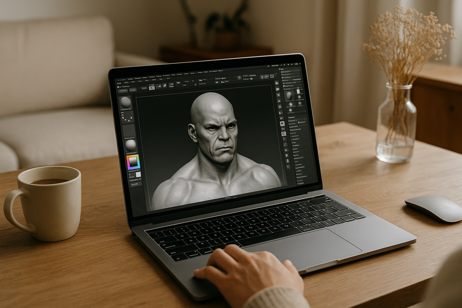 3D artist rendering ZBrush on MacBook using cloud PC