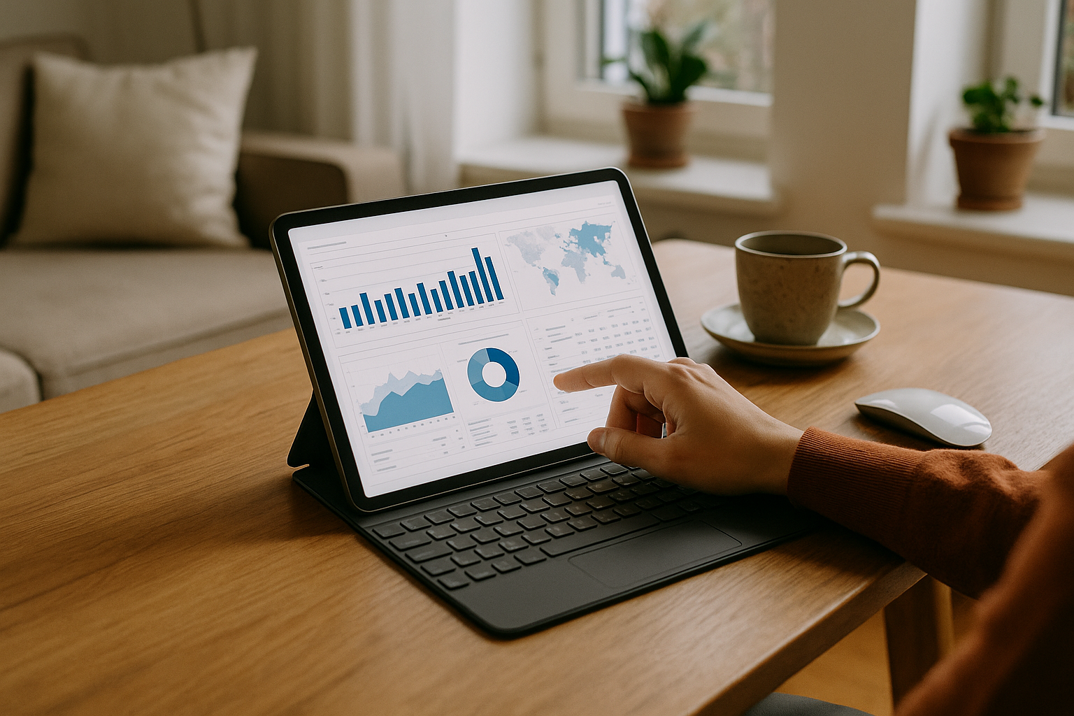 Data Analyst on Cloud Mobile Tablet Data analyst accessing software on cloud mobile tablet through a browser