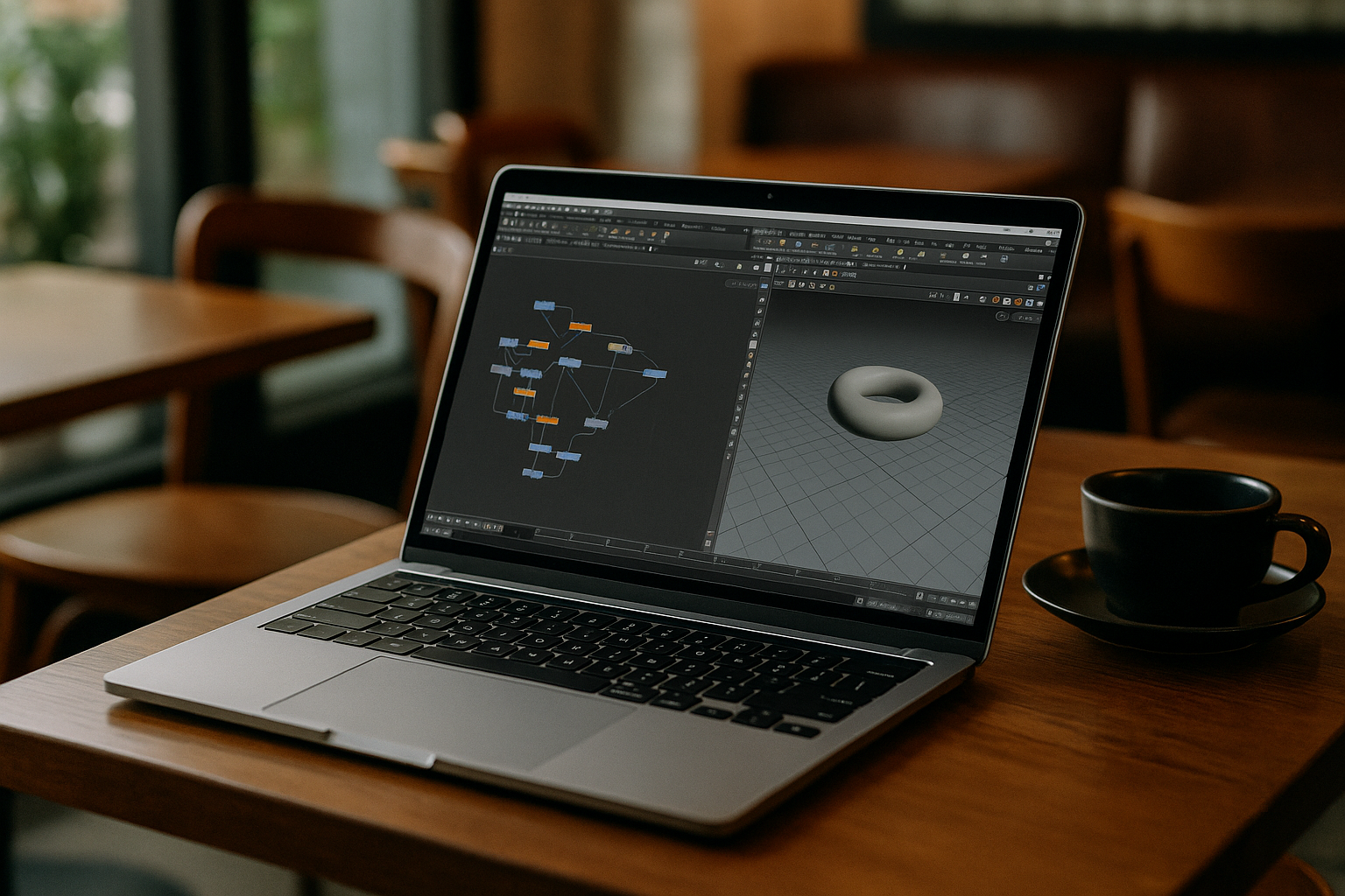 Accessing Houdini 3D Modelling on Laptop 3D artist accessing Houdini 3D modelling on a laptop through a virtual PC