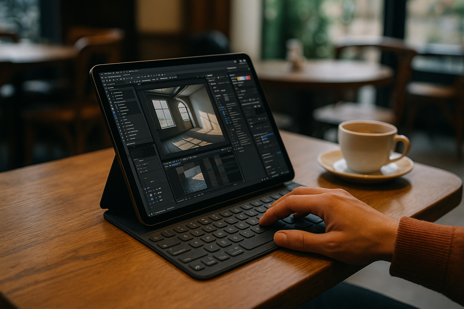 User working with 3D rendering services on iPad via cloud PC platform