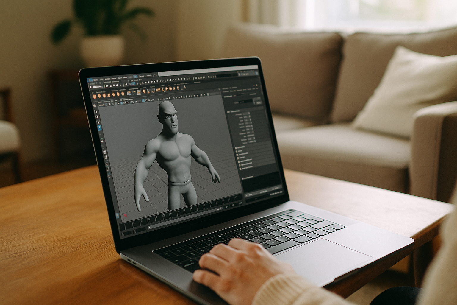 Designer utilizing plugins for Maya on a laptop through cloud PC