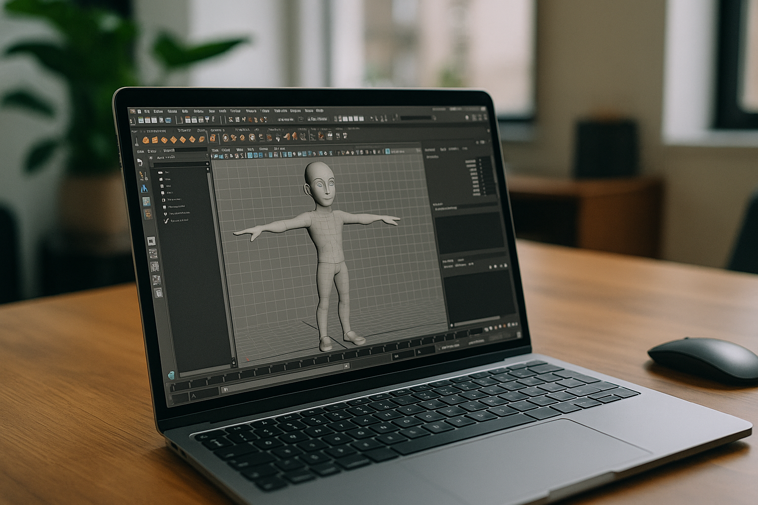 Professional creating 3D models using plugins for Maya on laptop via cloud PC