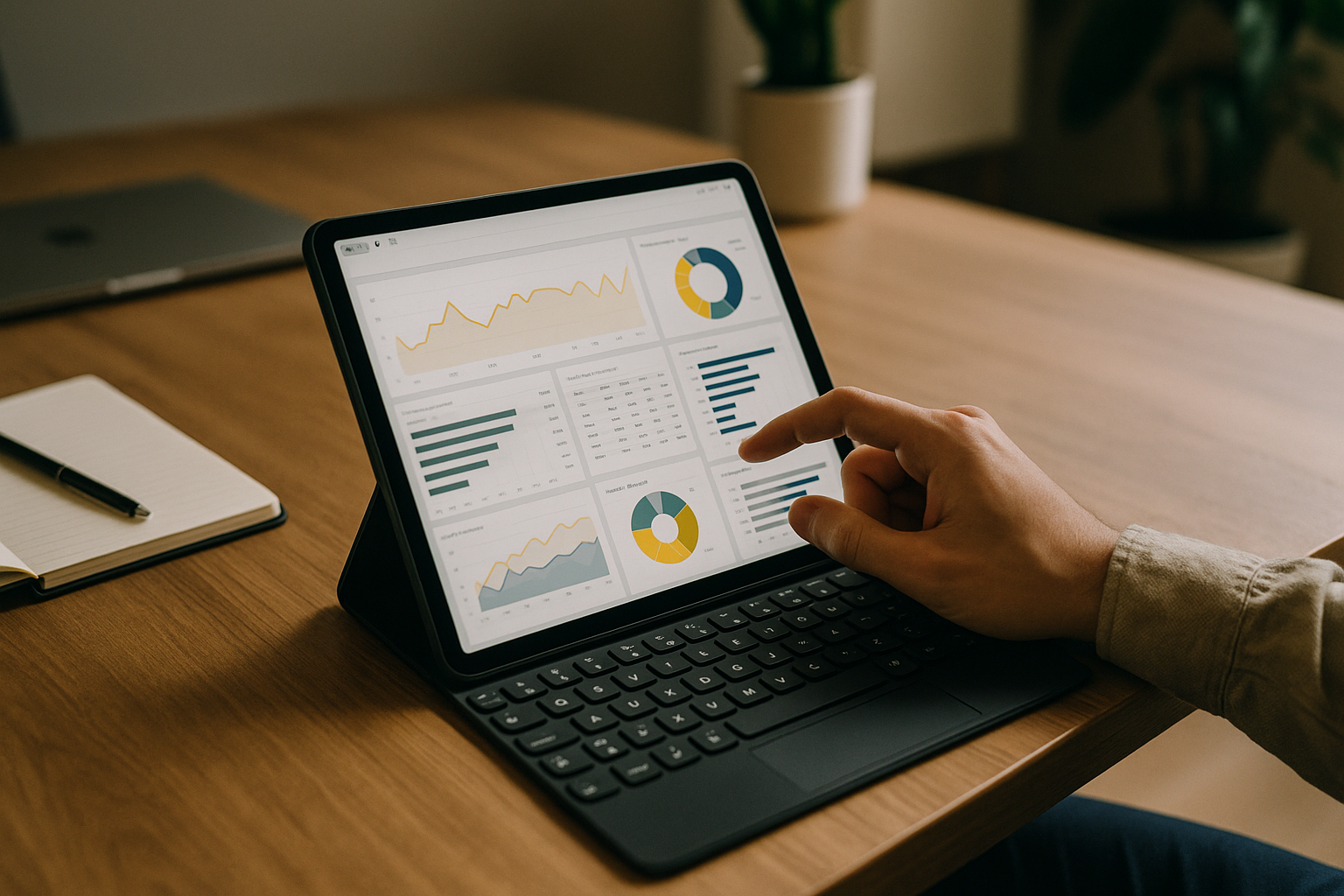 Data analyst utilizing Power BI training course on an iPad