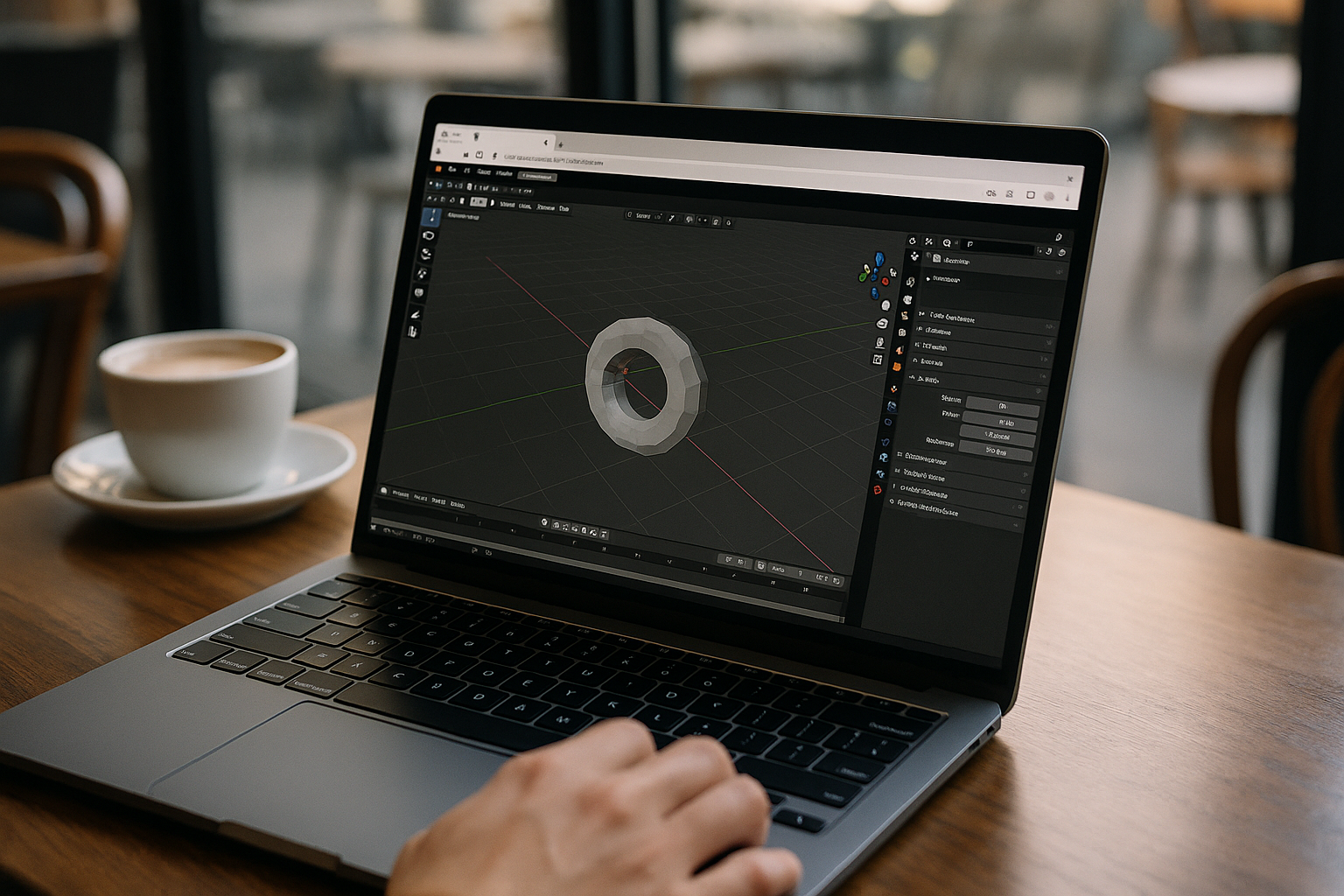 3D designer running Blender design program on a laptop through cloud PC