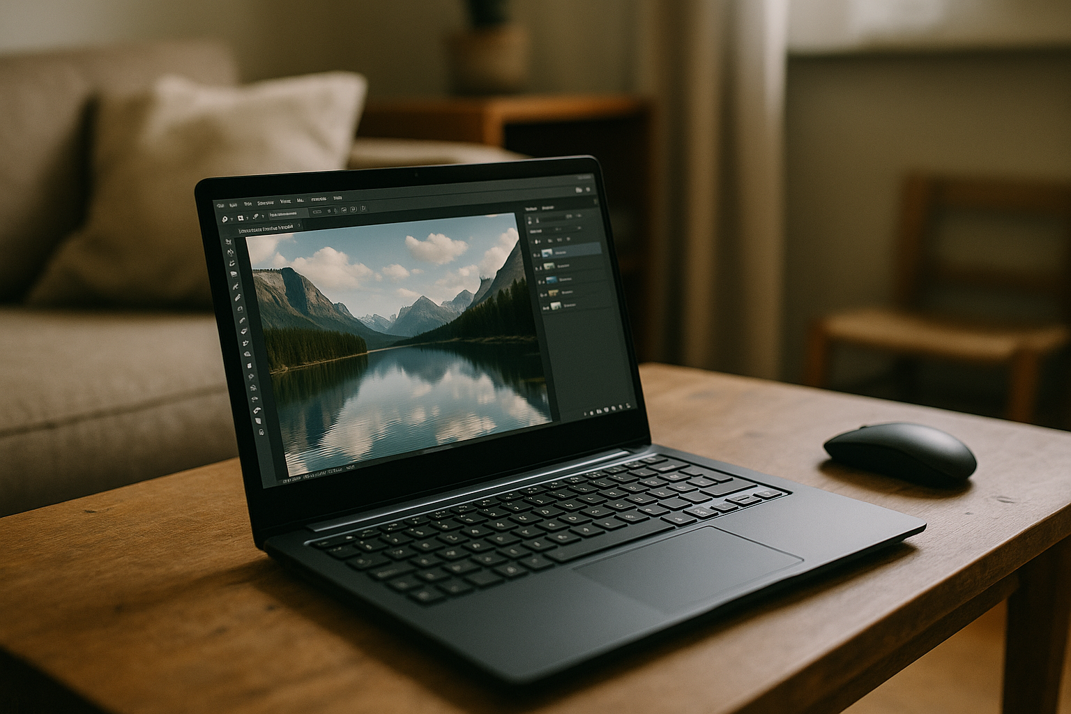 Professional user editing photos with Photoshop for Linux on laptop via cloud PC