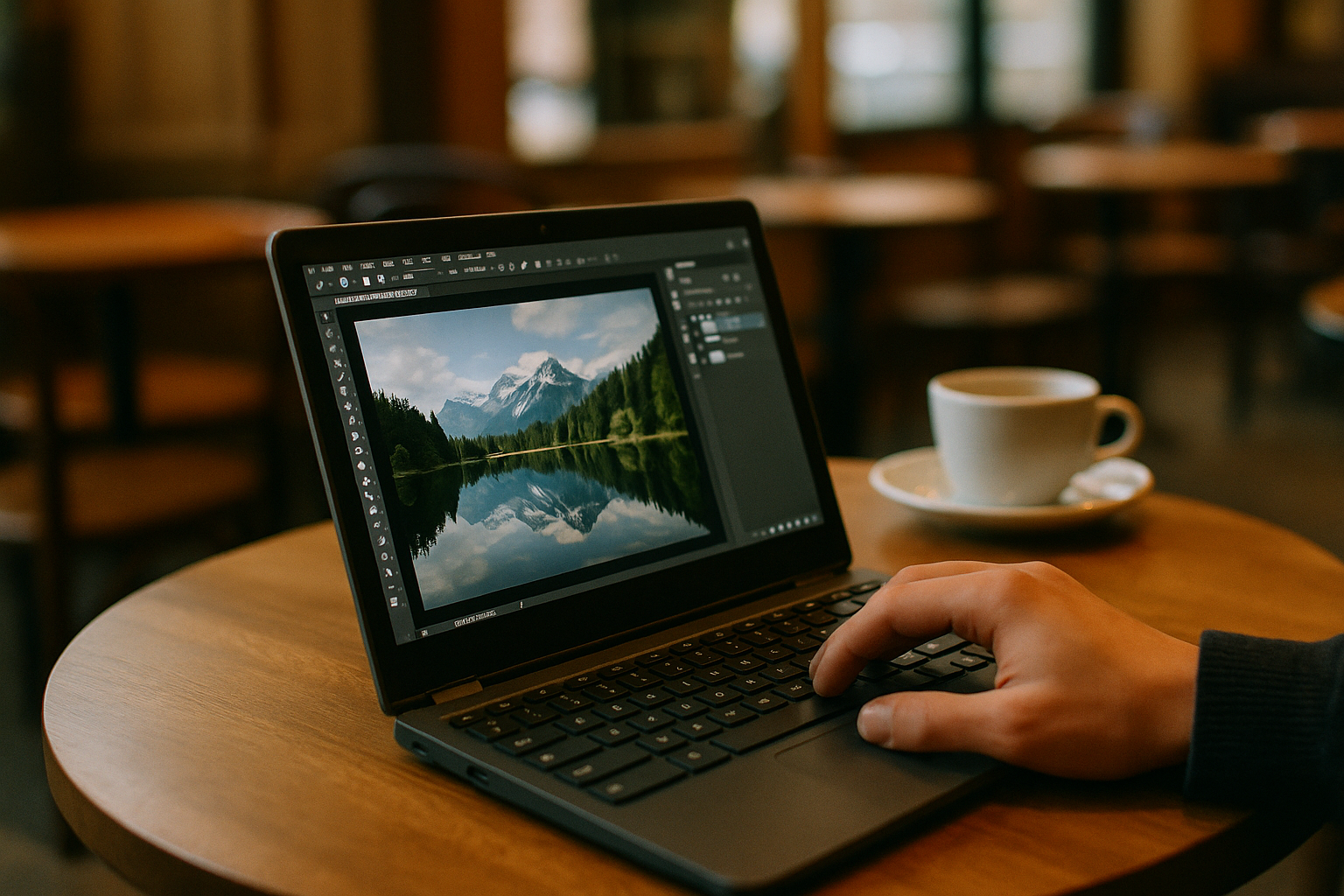 Designer working with Photoshop for Linux on Chromebook through cloud PC