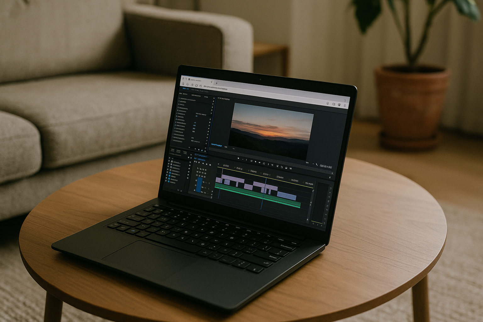 Running Premiere Pro on Linux Laptop via Cloud PC Video editor accessing Premiere Pro on Linux laptop through a browser