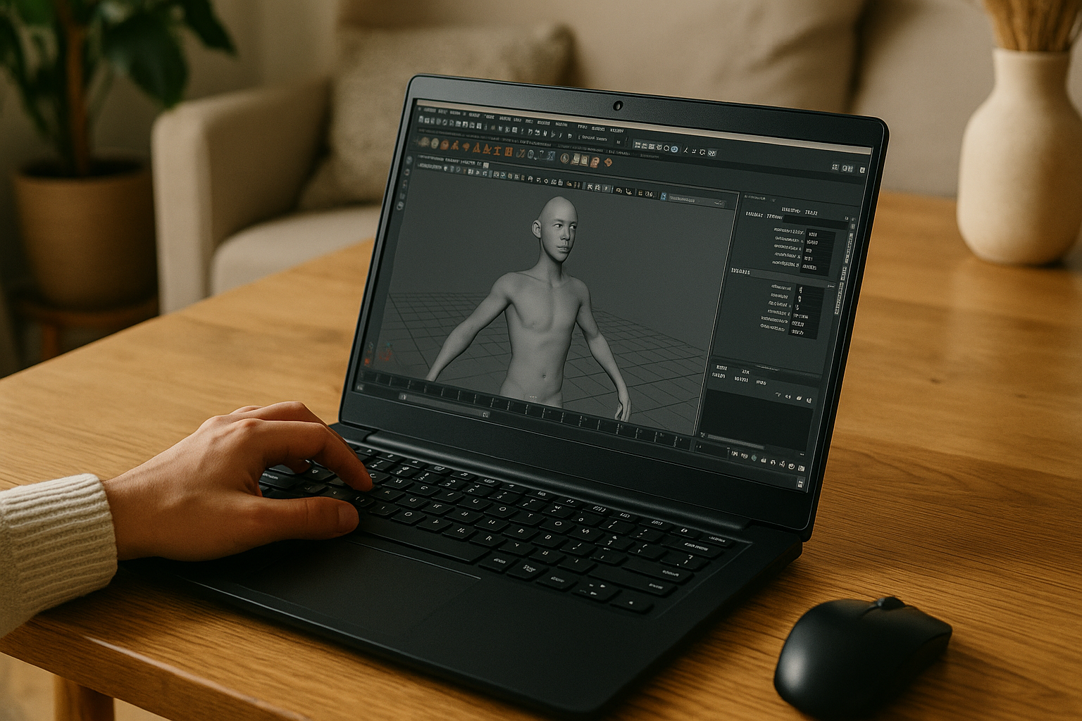 User working with Autodesk Maya for Linux on cloud PC from laptop