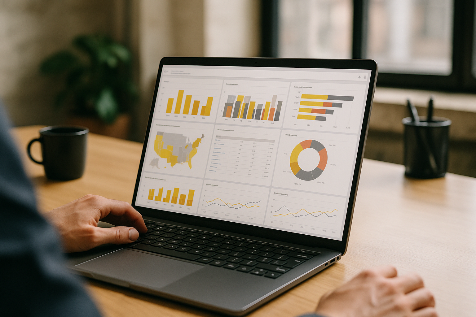 Data analyst working with Power BI Cloud on a laptop