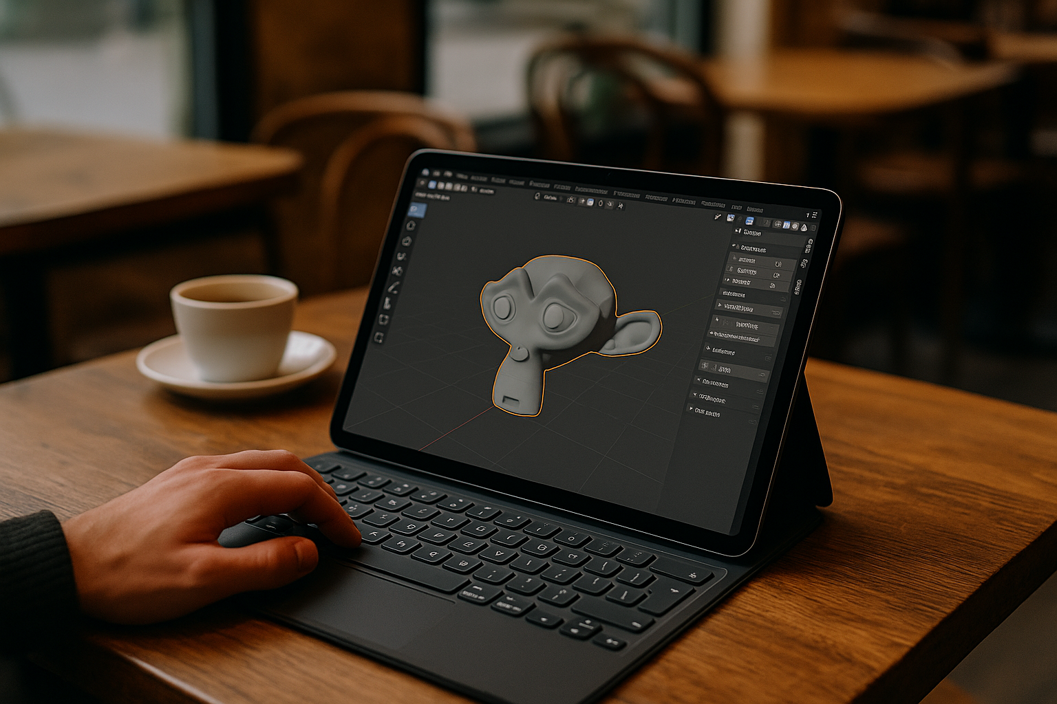 3D designer working with Blender on tablet through cloud PC