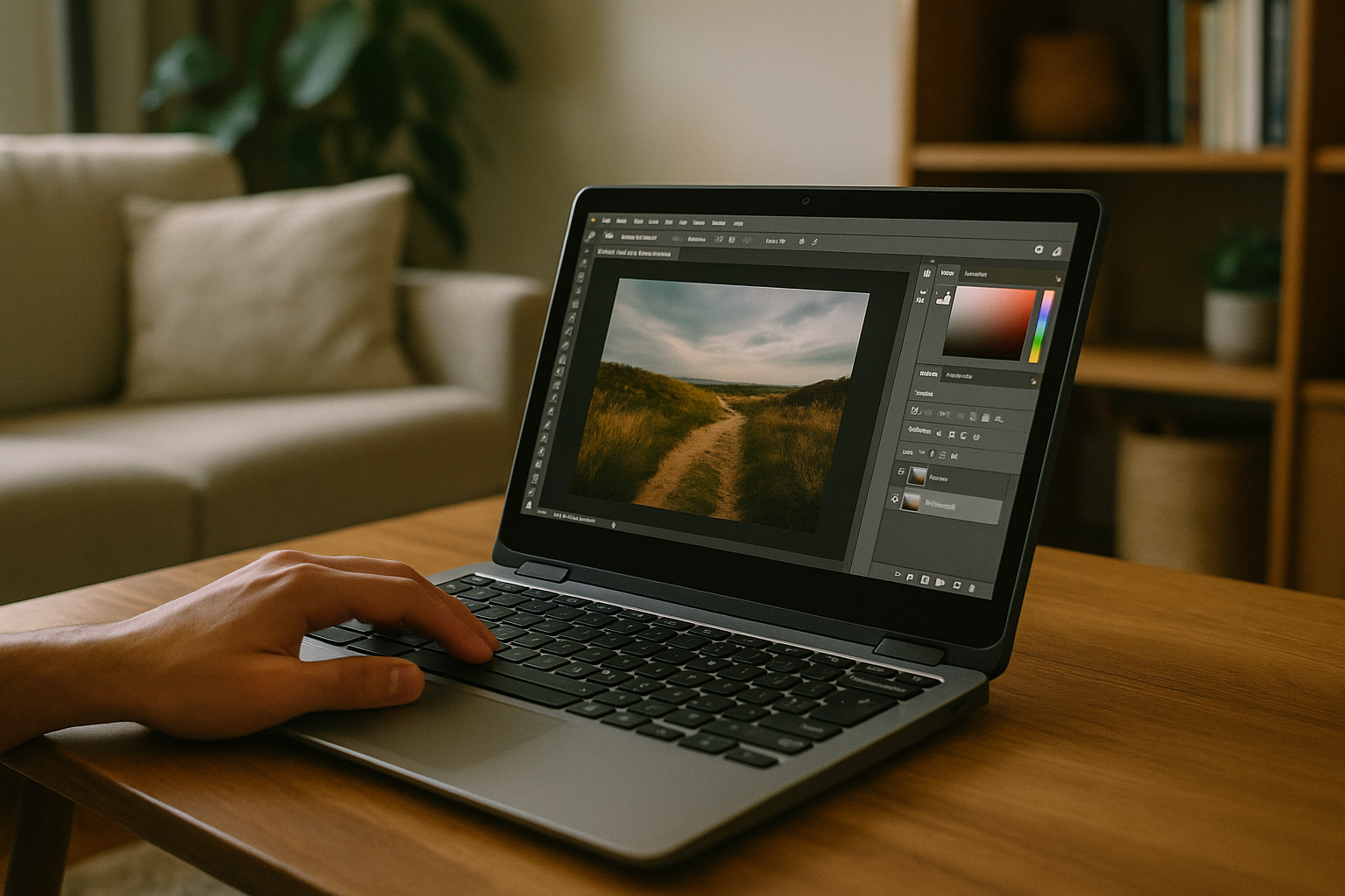 Designer working with Photoshop on Chromebook using cloud PC solution