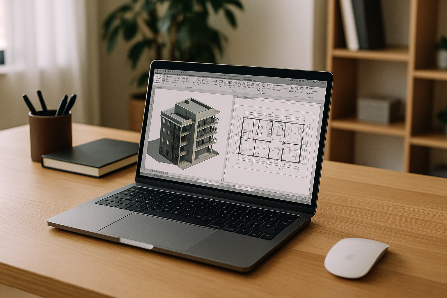Professional working on BIM design with Revit on a MacBook using cloud PC