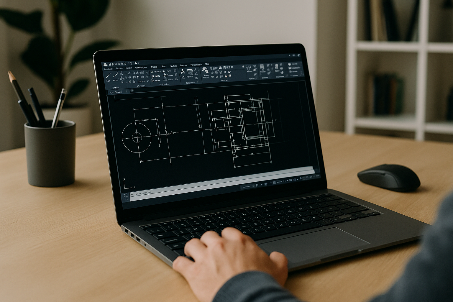Professional using AutoCAD online editing in a browser on laptop