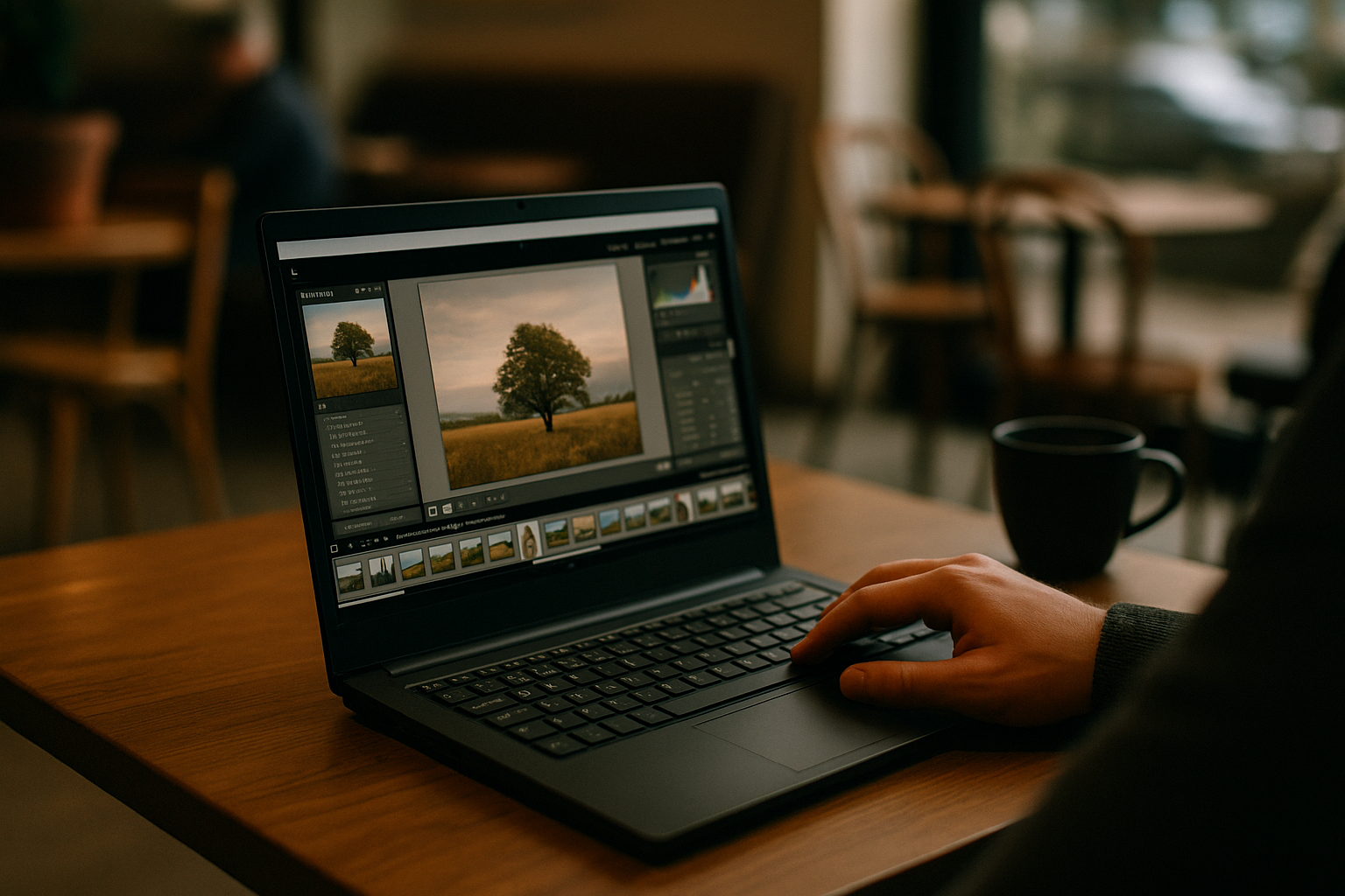 Designer working with photo editor online Lightroom on Linux laptop through cloud PC