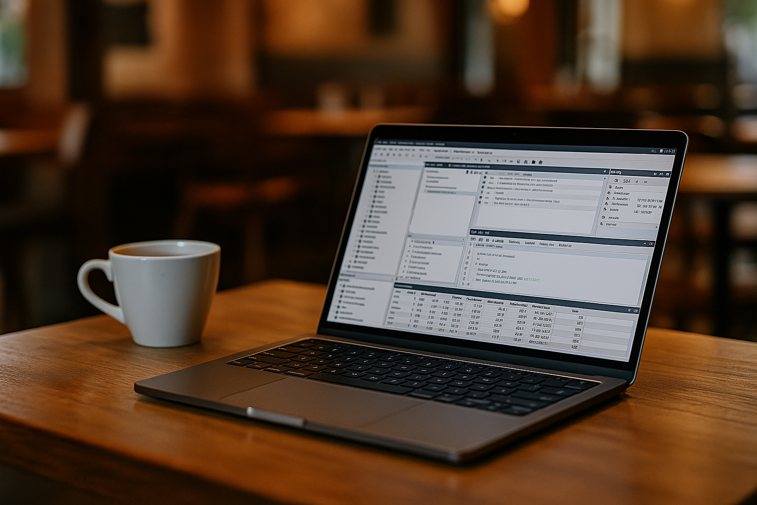 Cloud PostgreSQL for Blocked Local Setups - modern laptop with professional desktop software in café