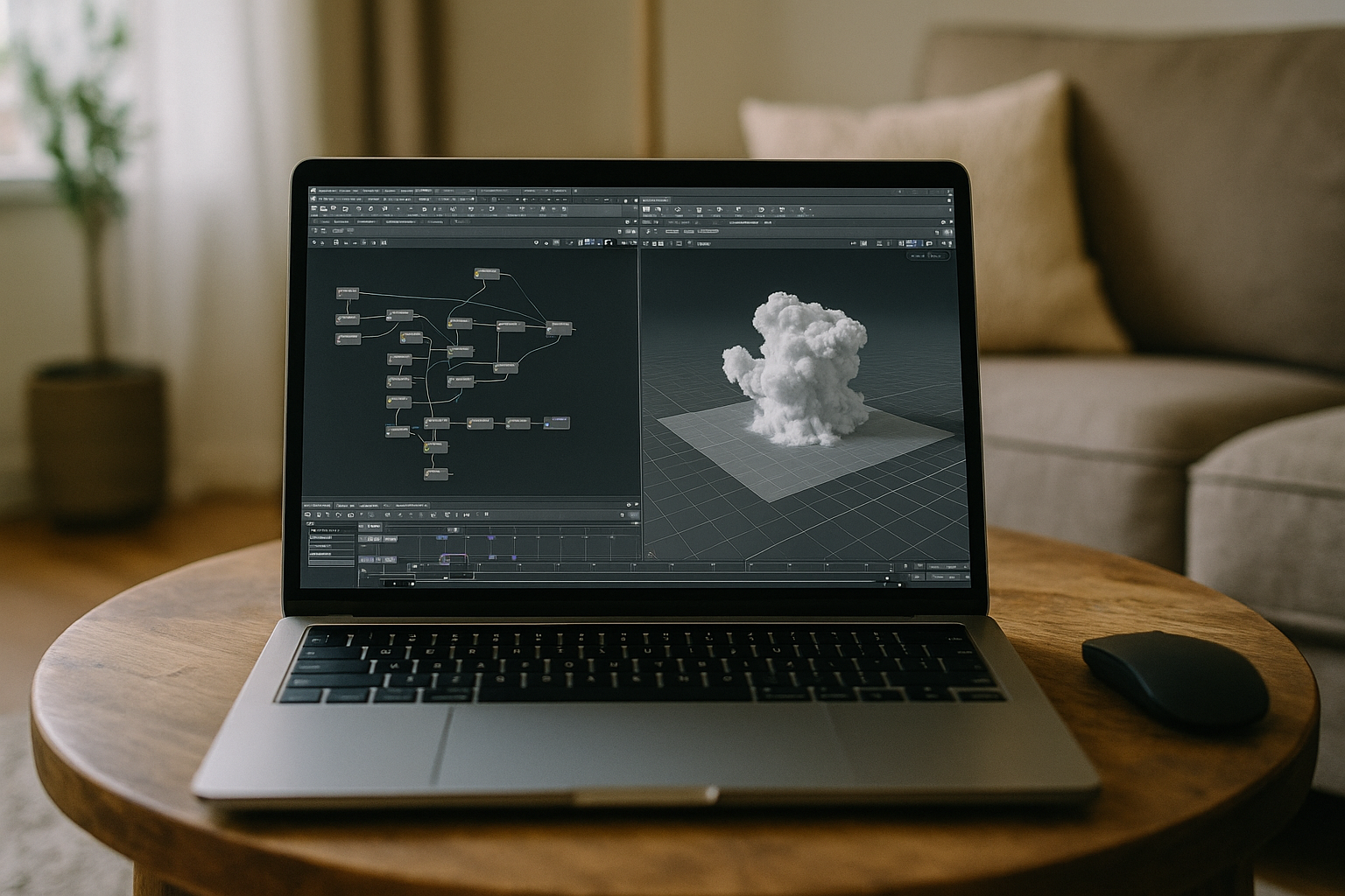 3D artist accessing Houdini Animation on a laptop through a cloud PC