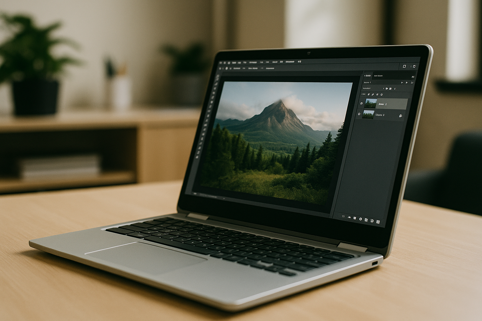 User performing photo editing with Photoshop for Chromebook via cloud browser