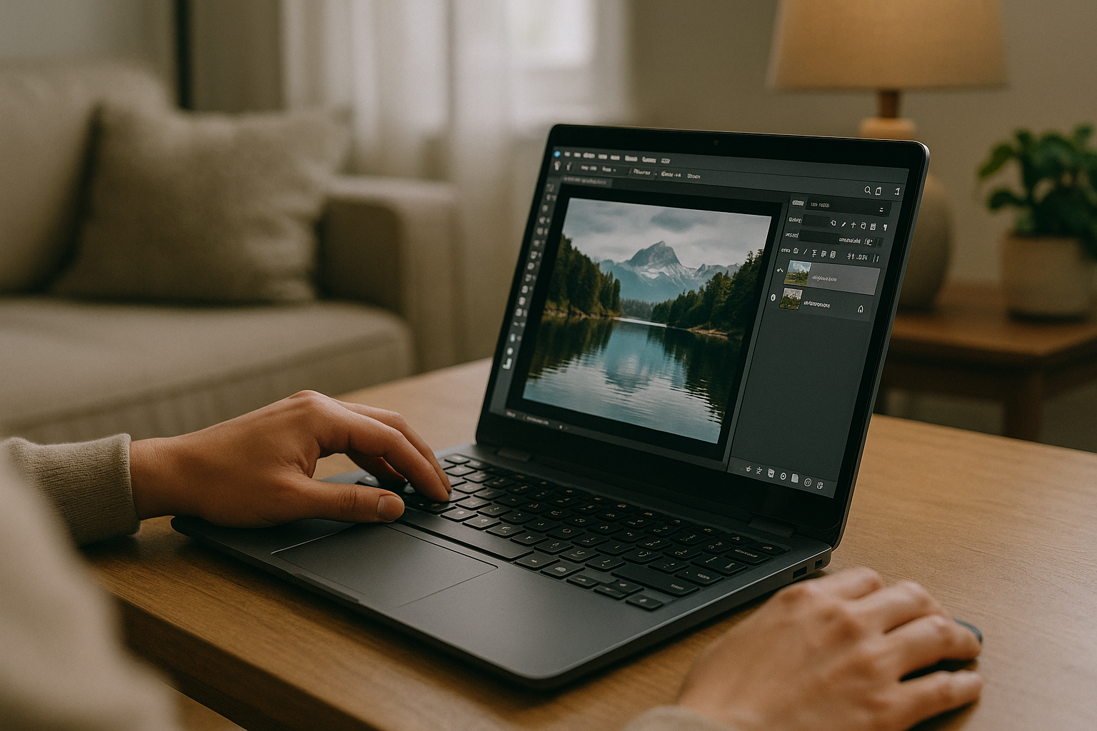Designer working on photo editing using Photoshop for Chromebook through cloud PC