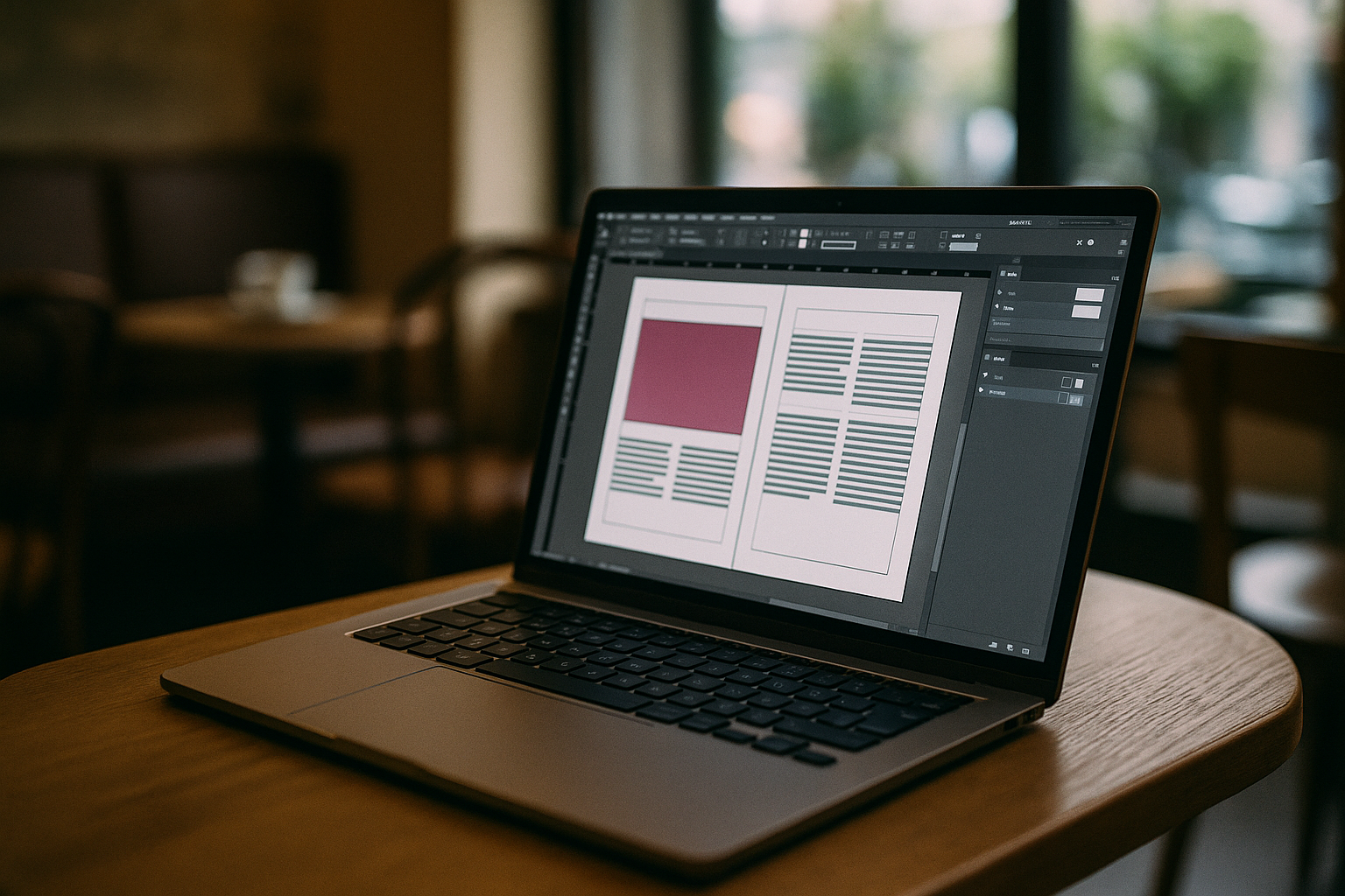 Graphic designer using InDesign alternative online on laptop in a browser
