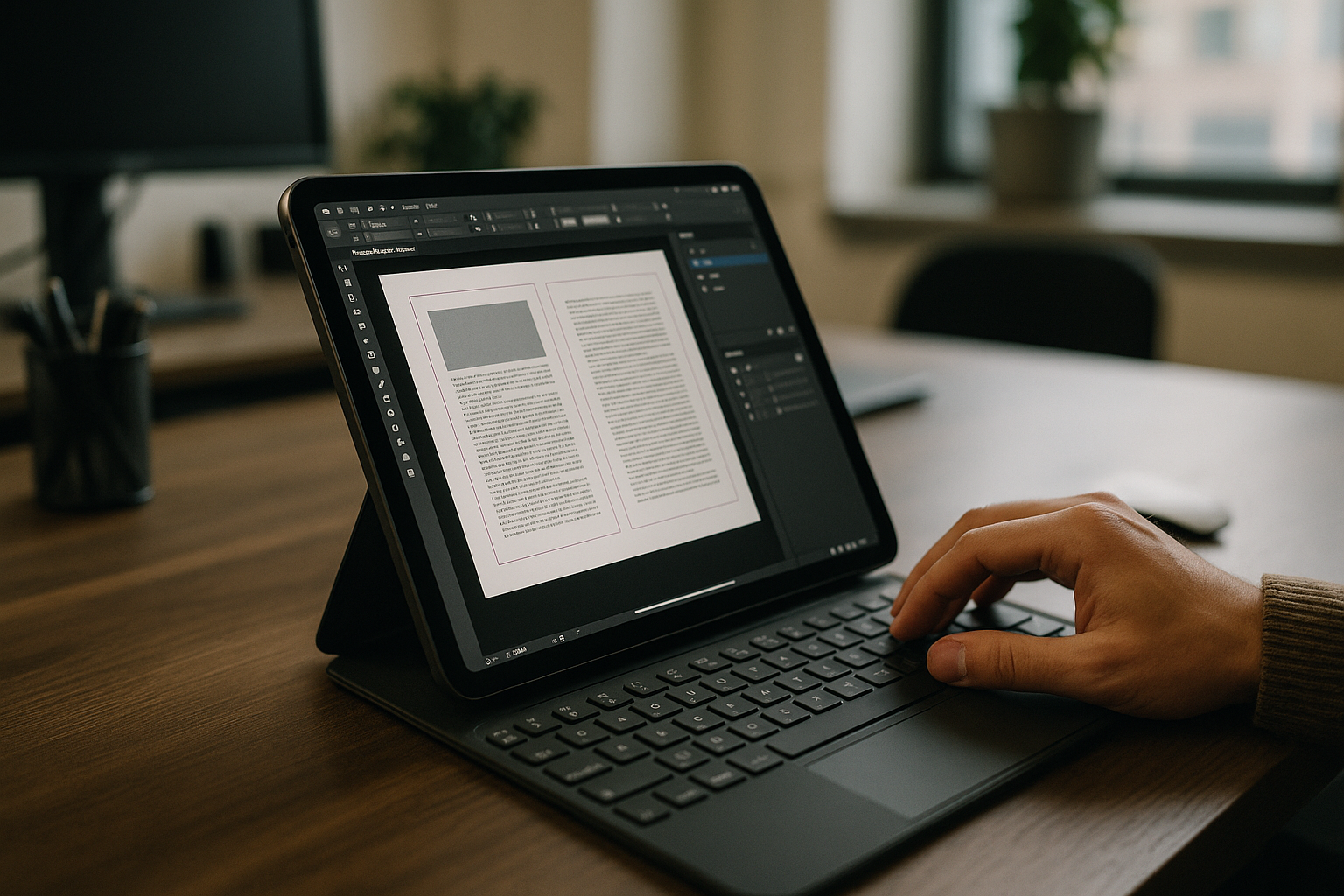 Graphic designer using InDesign alternative online on iPad in a browser