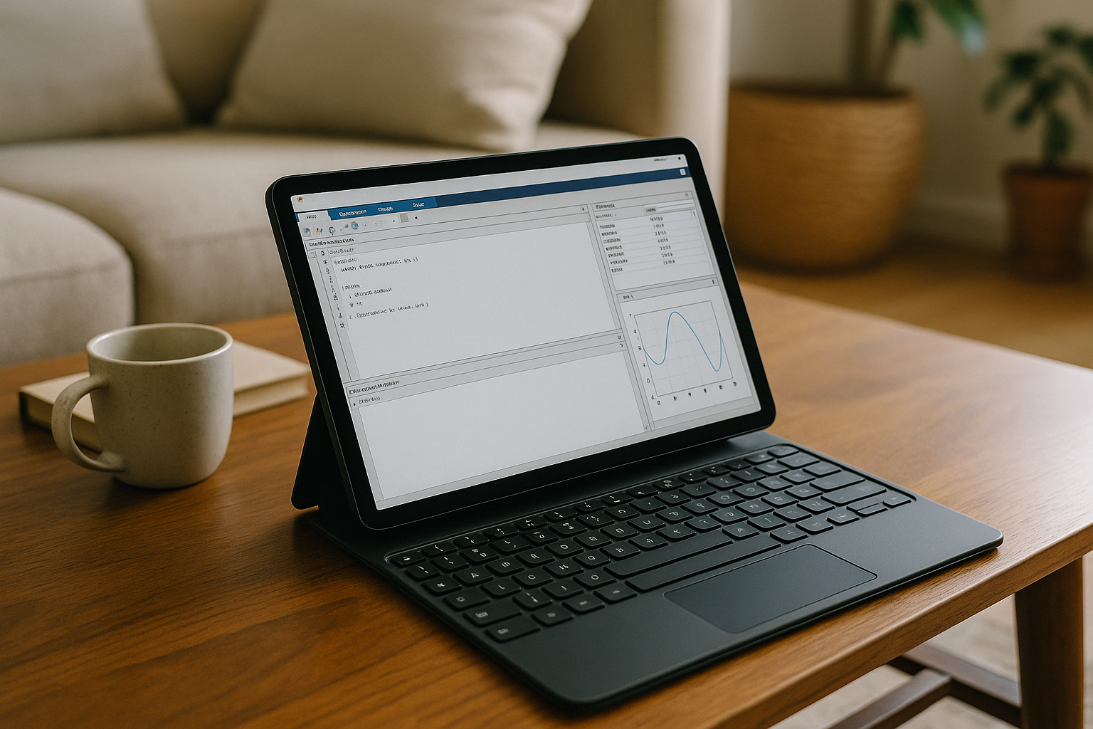 Data scientist using MATLAB for Engineers on Android tablet via cloud PC