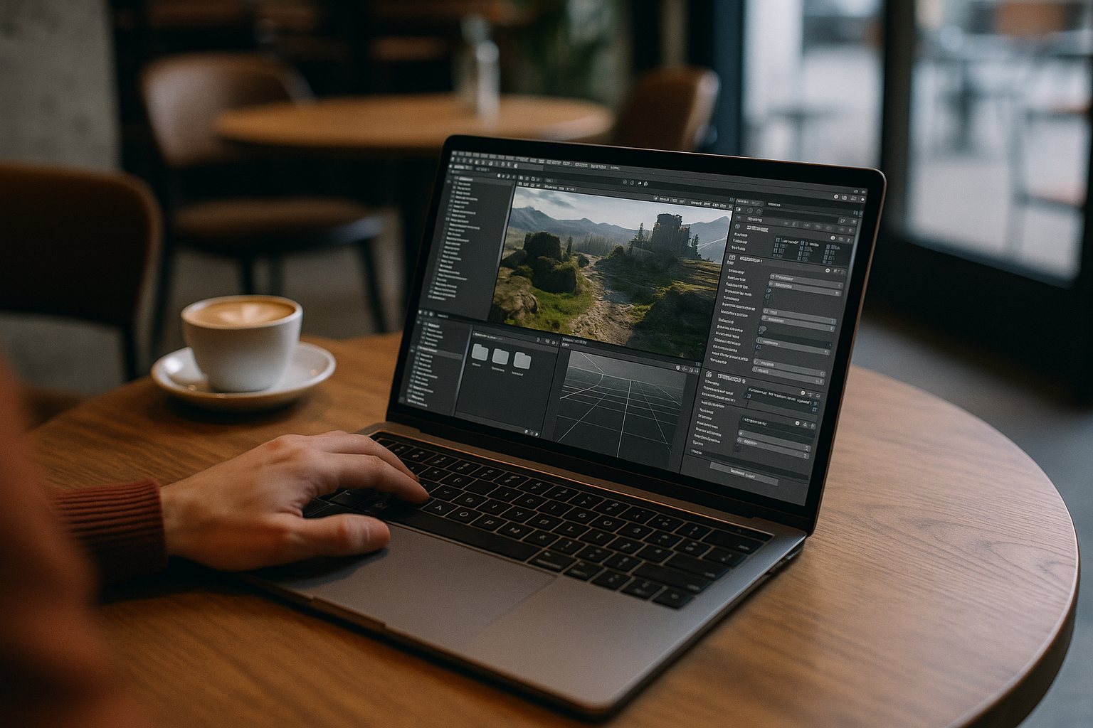 Professional accessing game development software on a laptop through cloud PC workspace
