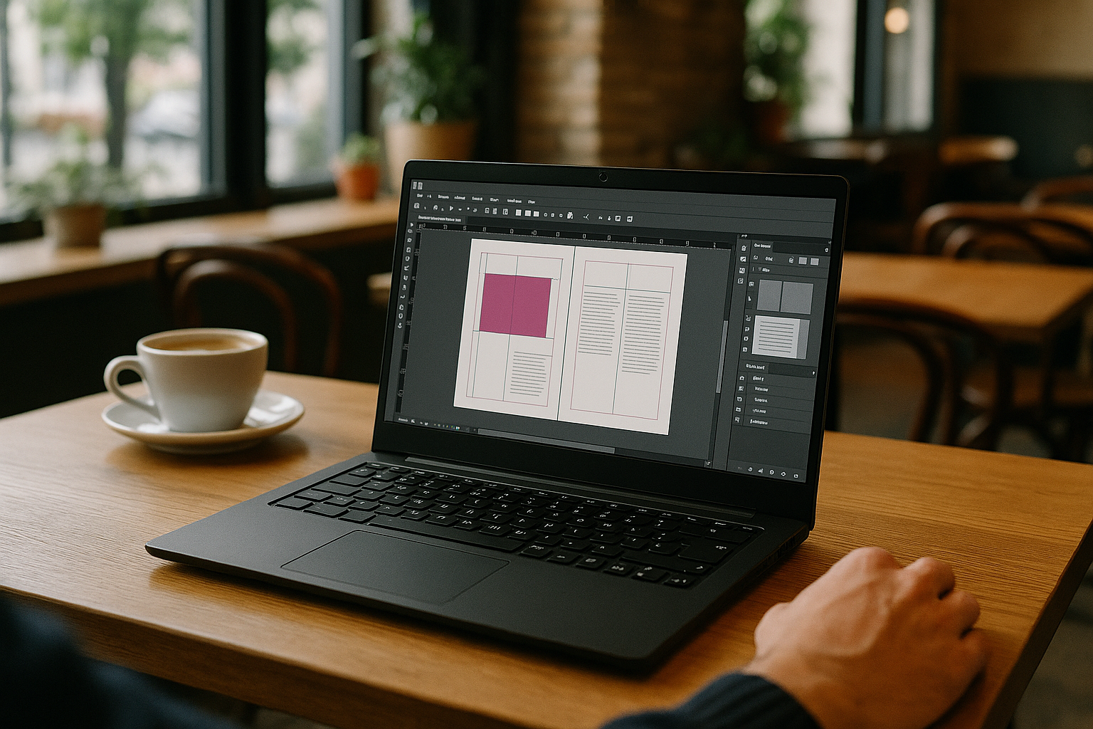 User working with InDesign for Linux on a laptop via cloud PC browser