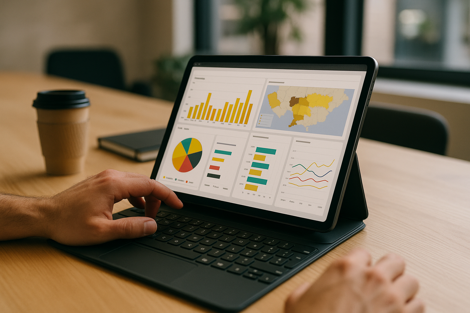 Data analyst using Power BI on MacBook via cloud PC on iPad