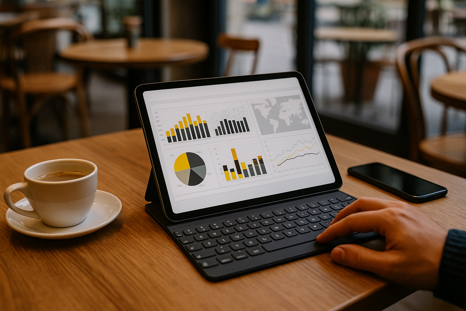 Data Analysis with Power BI App on iPad Data analyst utilizing Power BI app on iPad through cloud service