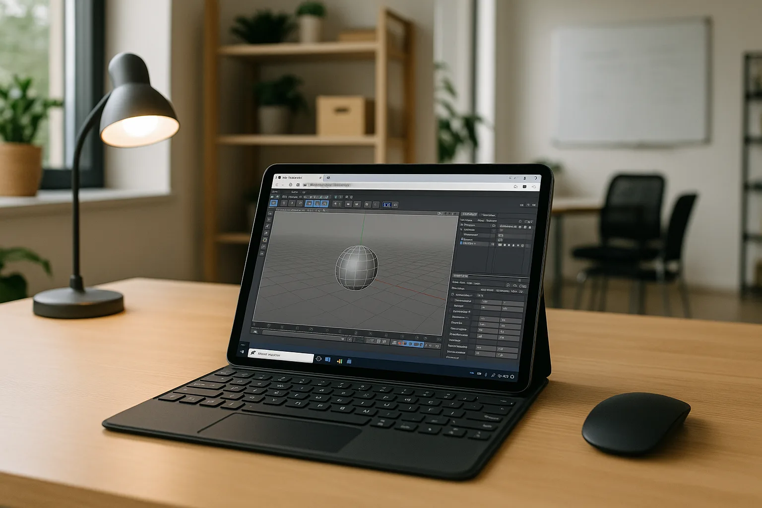 3D artist using iPad C4D through a browser-based cloud PC workspace in a modern studio