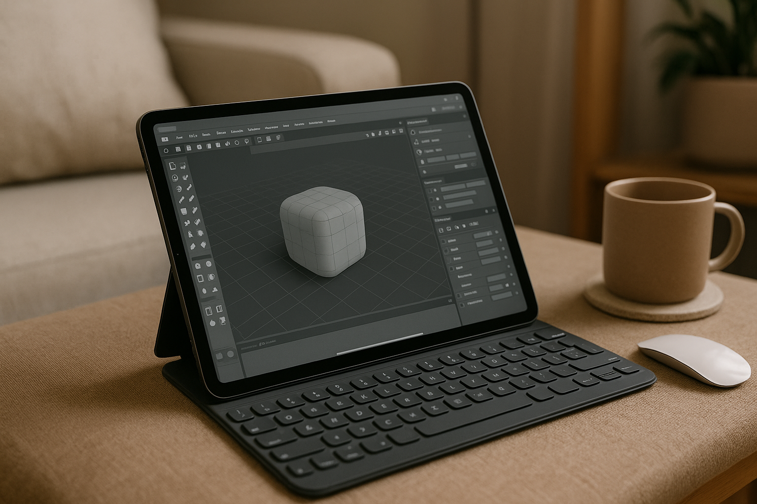 Professional using 3D modeling on tablet through cloud PC workspace