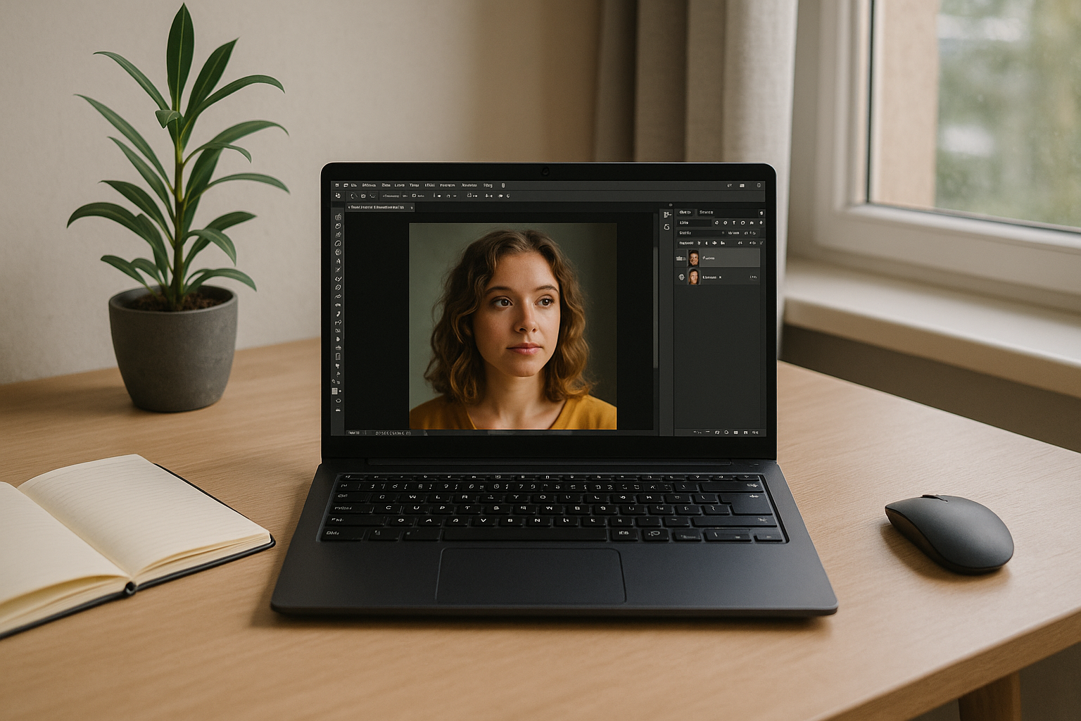 Photoshop on Linux: real production needs, not compromises - Linux laptop with Photoshop in office