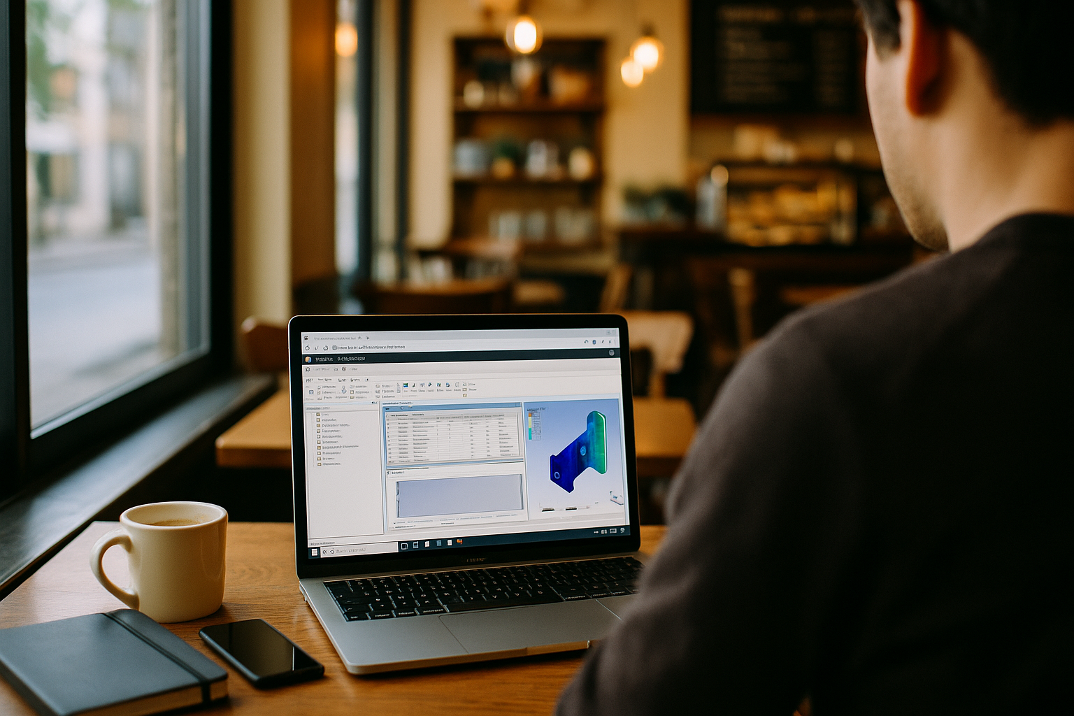 Engineer running Ansys Mechanical Software in browser-based cloud PC on a laptop at desk