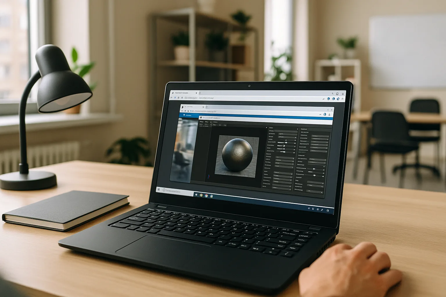 3D artist using Marmoset Toolbag Linux on a browser-based cloud PC from a laptop