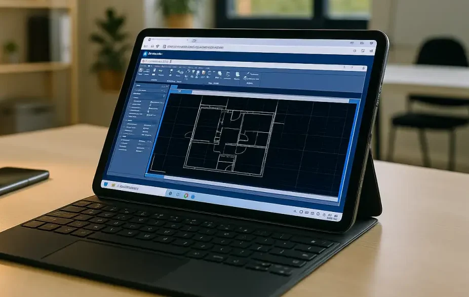 Architect using AutoCAD iPad via a cloud Windows PC in a modern office