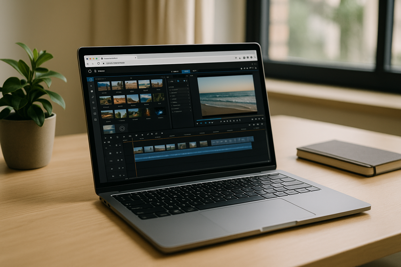 Corel VideoStudio in browser when local installs fail - modern laptop with professional desktop software in office