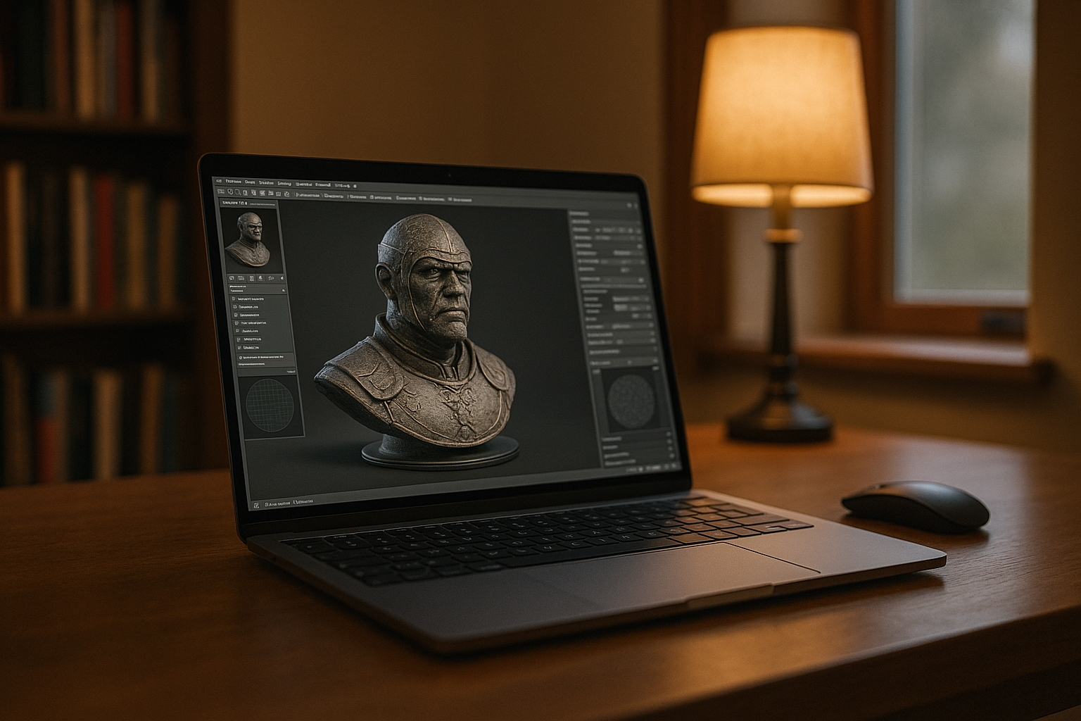 3D artist working in Marmoset Toolbag 5 on a laptop via a cloud Windows PC