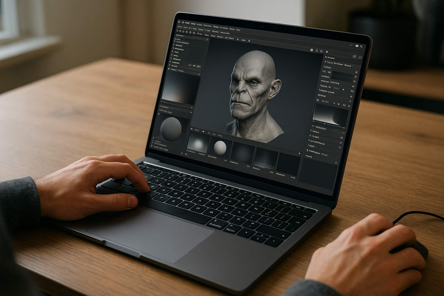 3D artist using Marmoset Toolbag 5 on a laptop via a cloud Windows PC