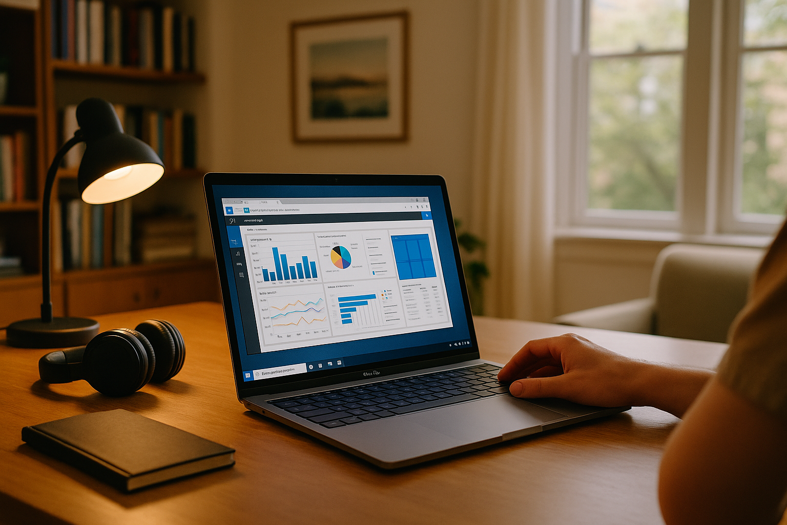 Business analyst using Power BI for Mac on a cloud Windows PC in a home office