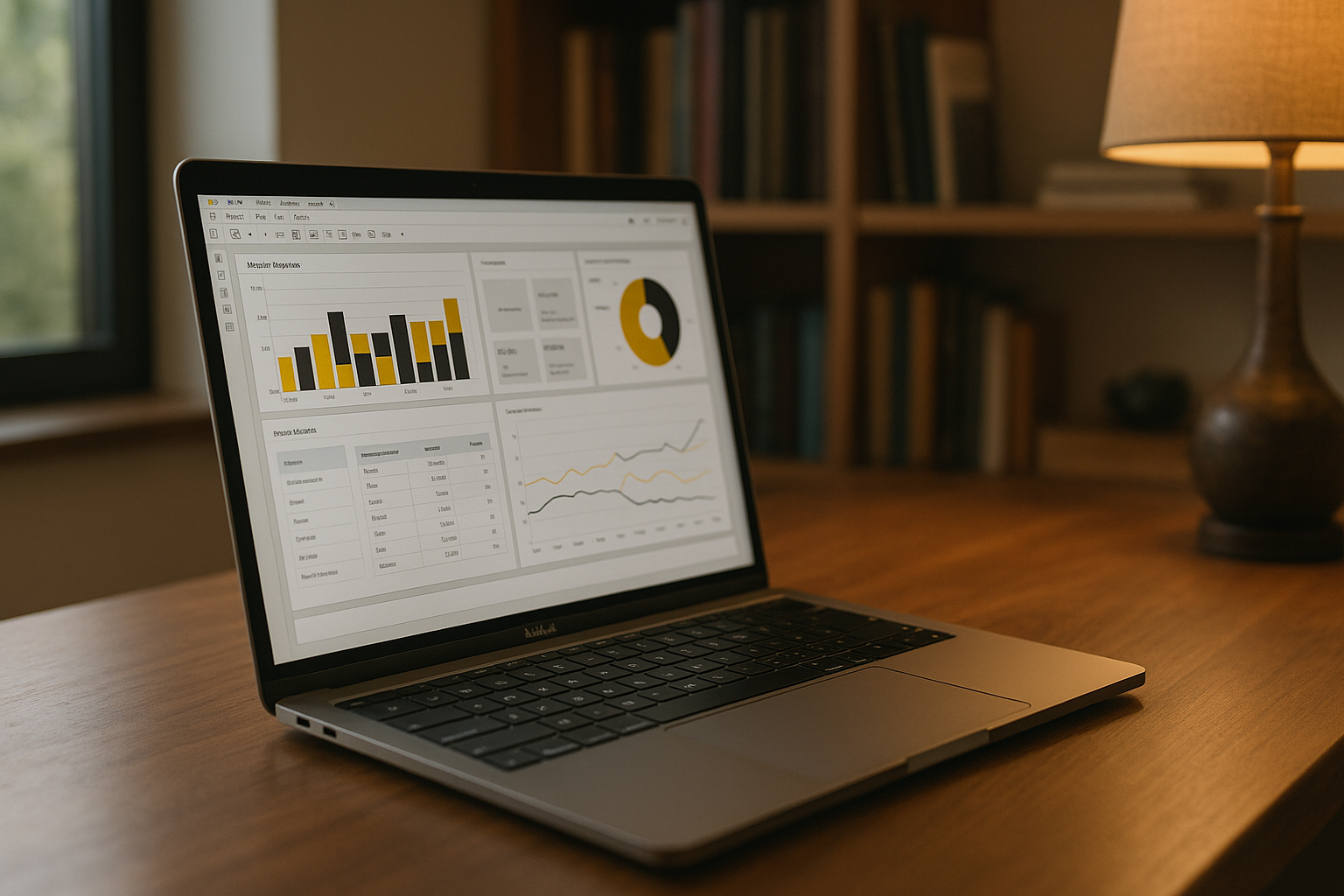 Data analyst using Power BI for Mac via a cloud Windows PC in a home workspace.