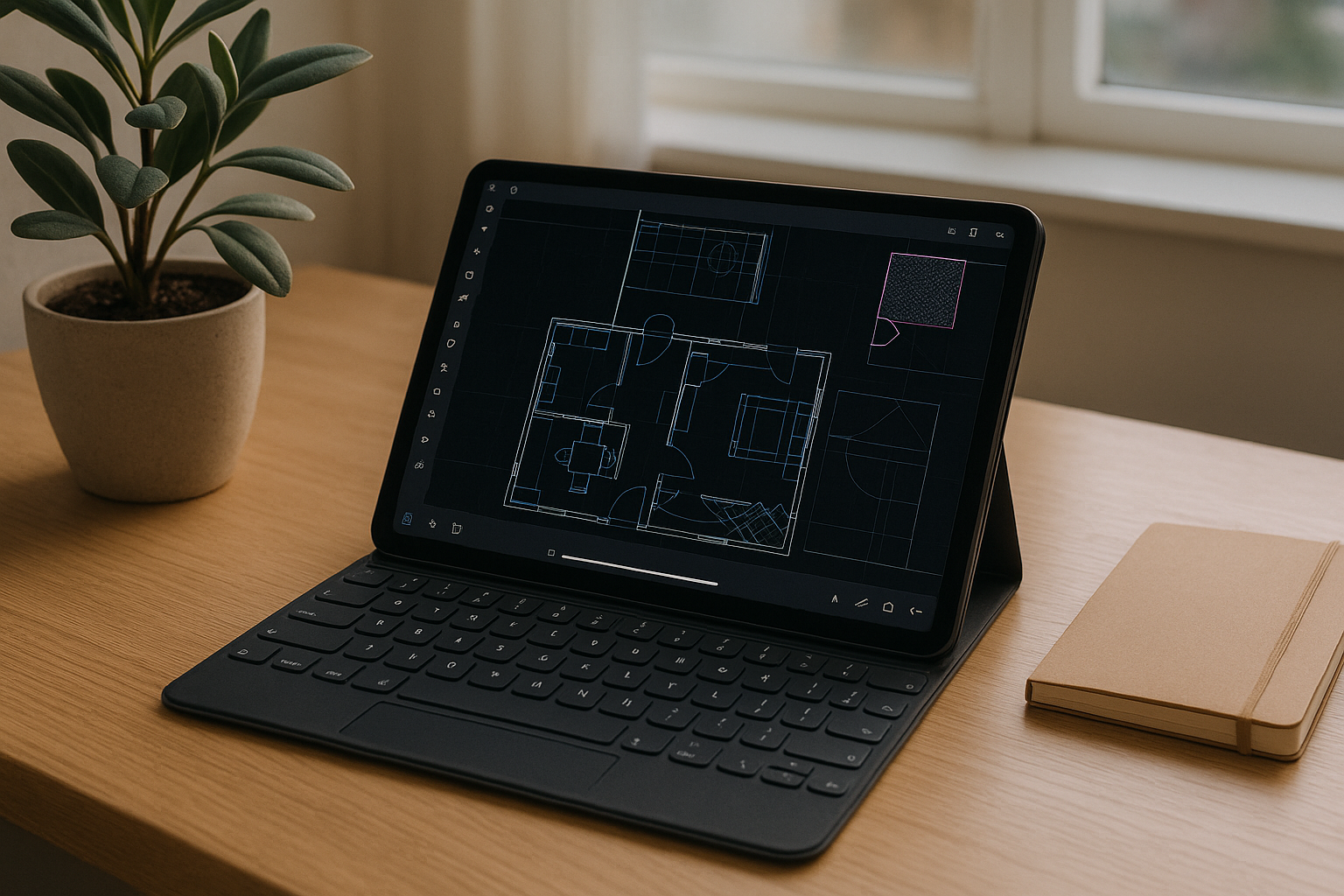 Architect using AutoCAD iPad via a cloud Windows PC in a modern office