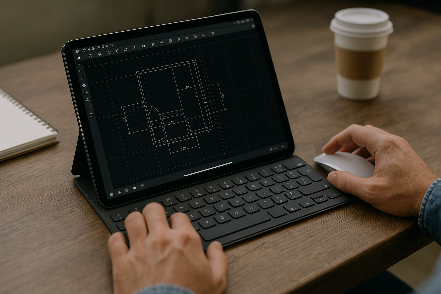 Architect working in AutoCAD iPad via a cloud Windows PC on technical drawings